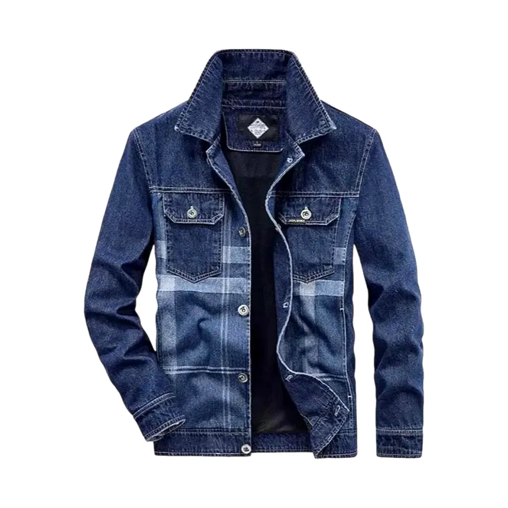 Retro Checkerboard Slim Men's Denim Jacket - Blue