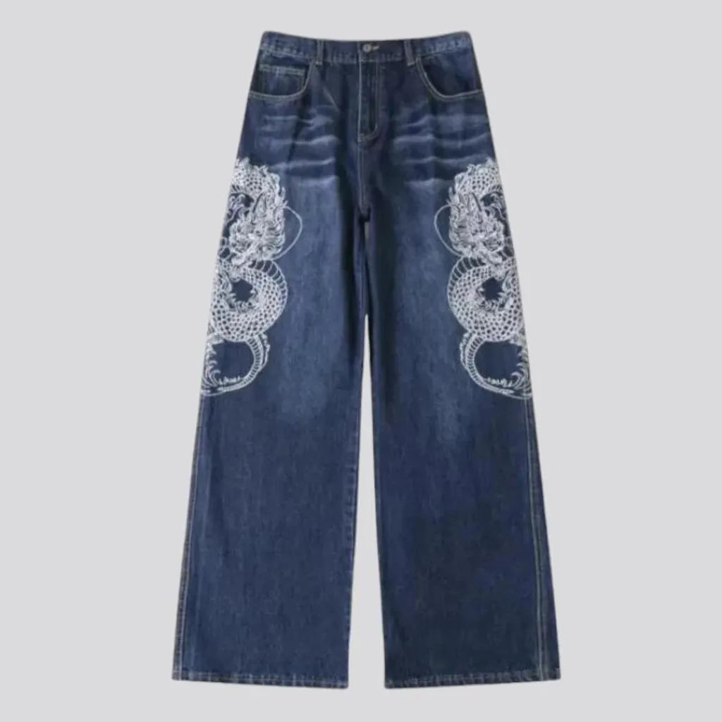 Embroidered baggy mid rise men's jeans