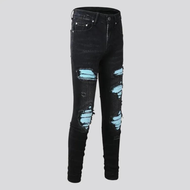 Skinny distressed patchwork motorcycle men's jeans