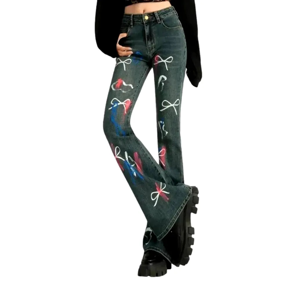 Art Patterned High Waist Women's Jeans - Grey