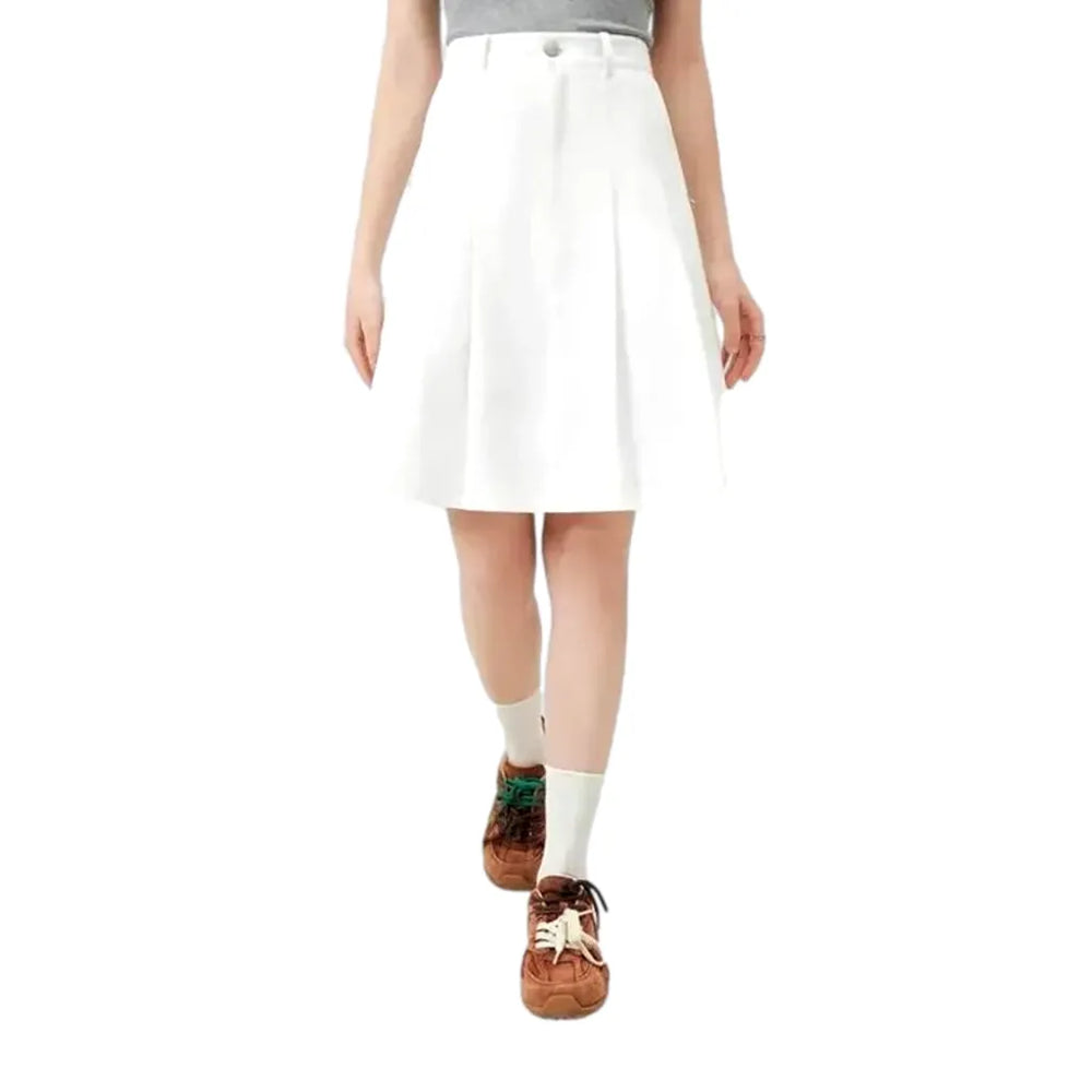 Single Color Casual Pleated Denim Skirt - White