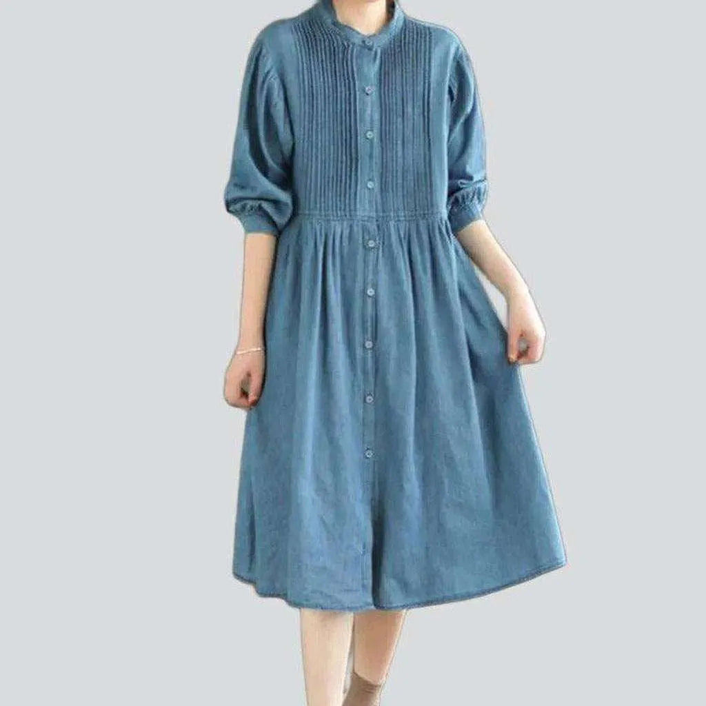 Pleated chest midi denim dress