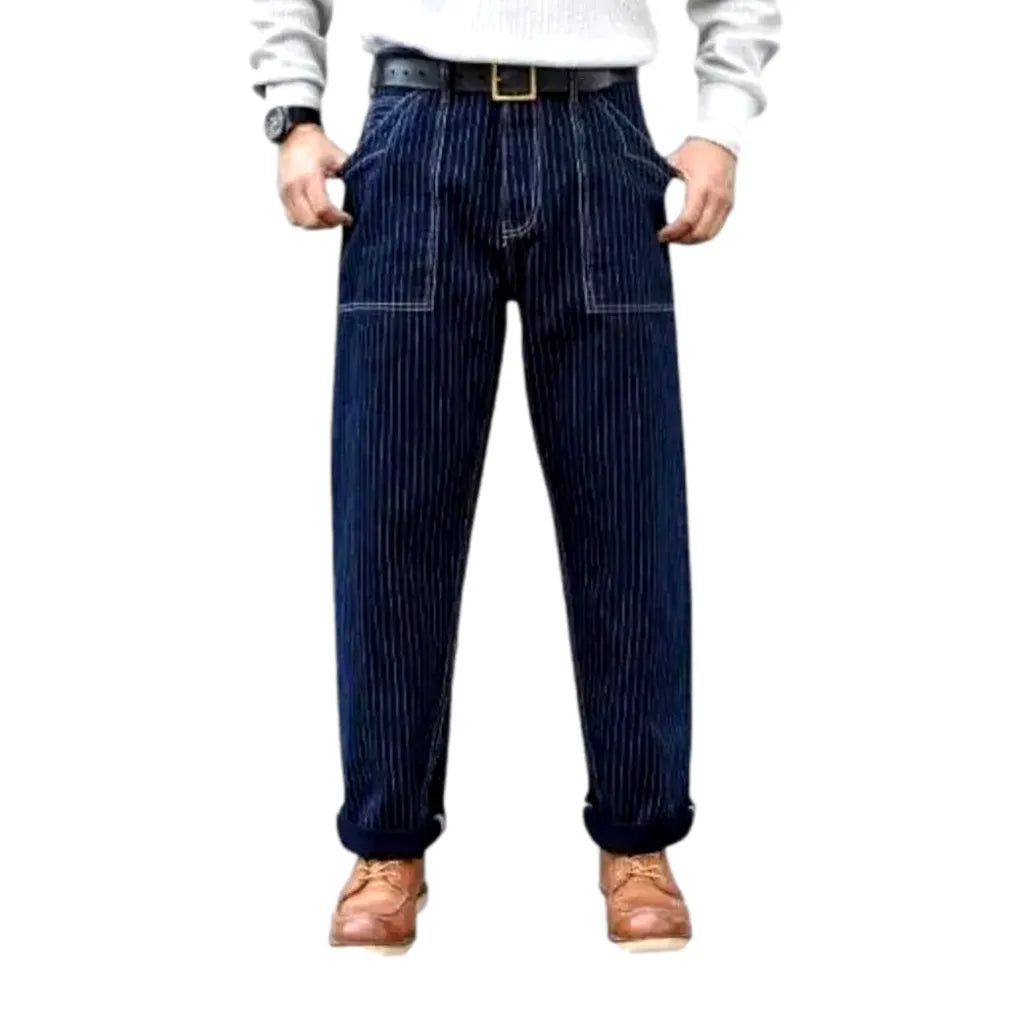 Classic Stripes Rolled Cuffs Men's Jeans - Dark Blue