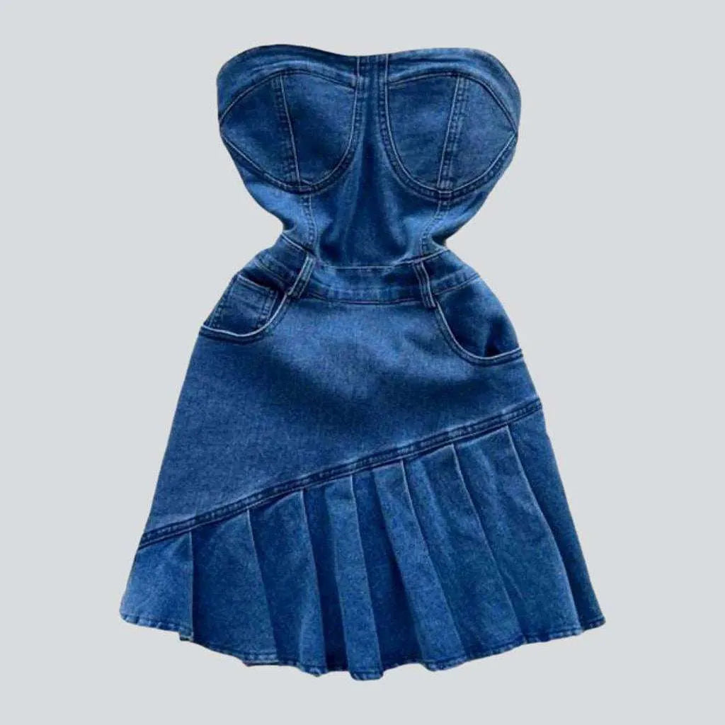 Asymmetric pleated strapless denim dress | Jeans4you.shop