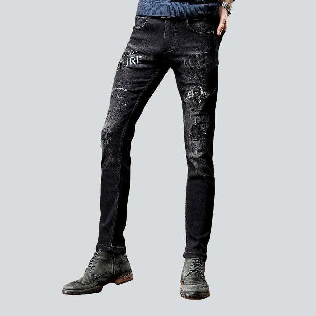 Black embroidery skinny men's jeans | Jeans4you.shop