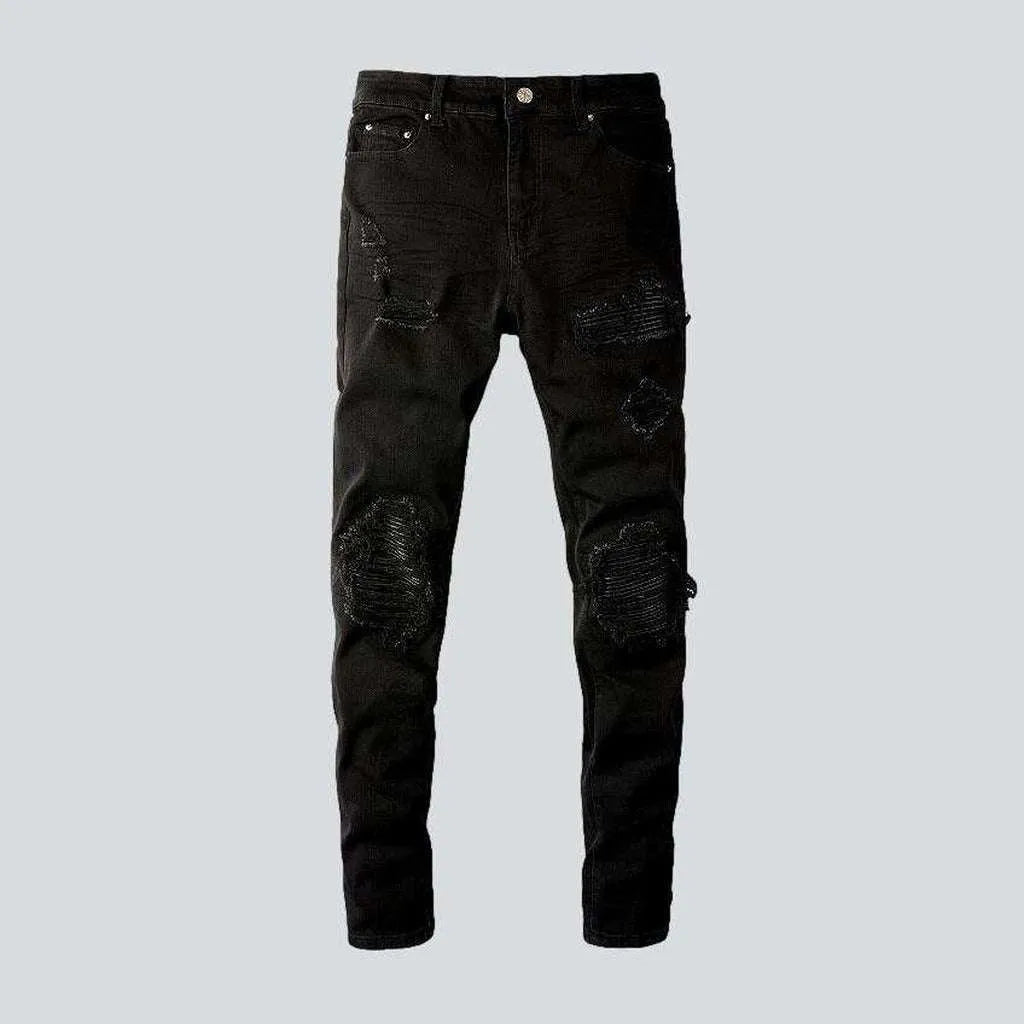 Black leather patch biker jeans | Jeans4you.shop