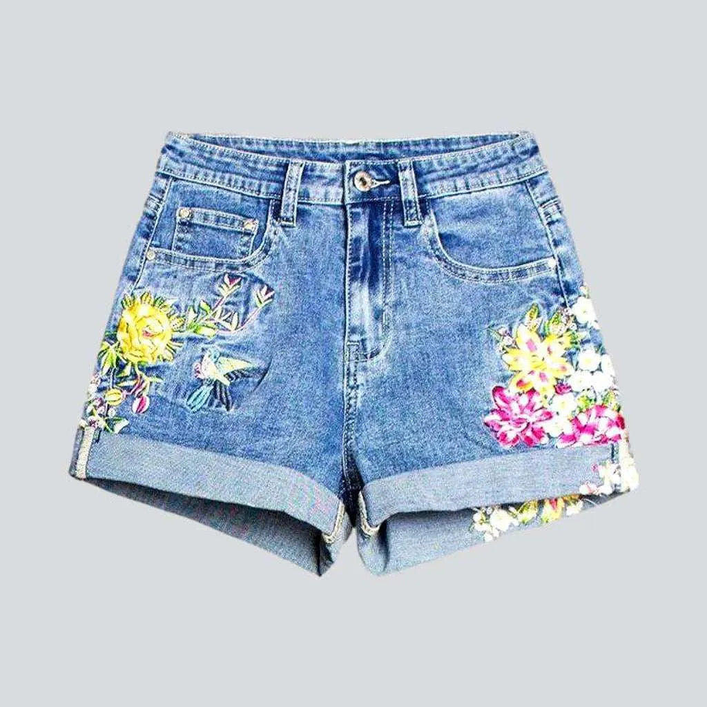 Color flower embroidery denim shorts | Jeans4you.shop