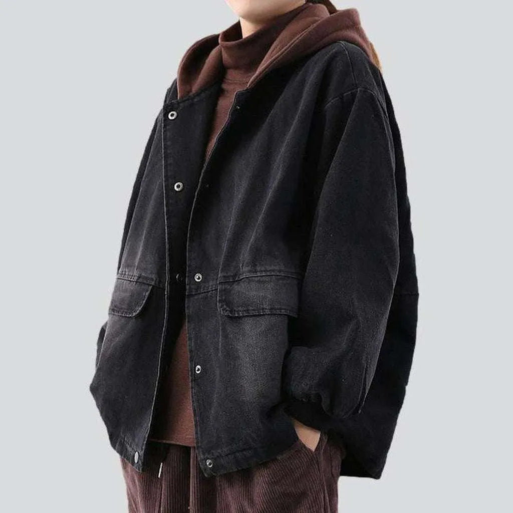 Denim bomber with brown hood | Jeans4you.shop