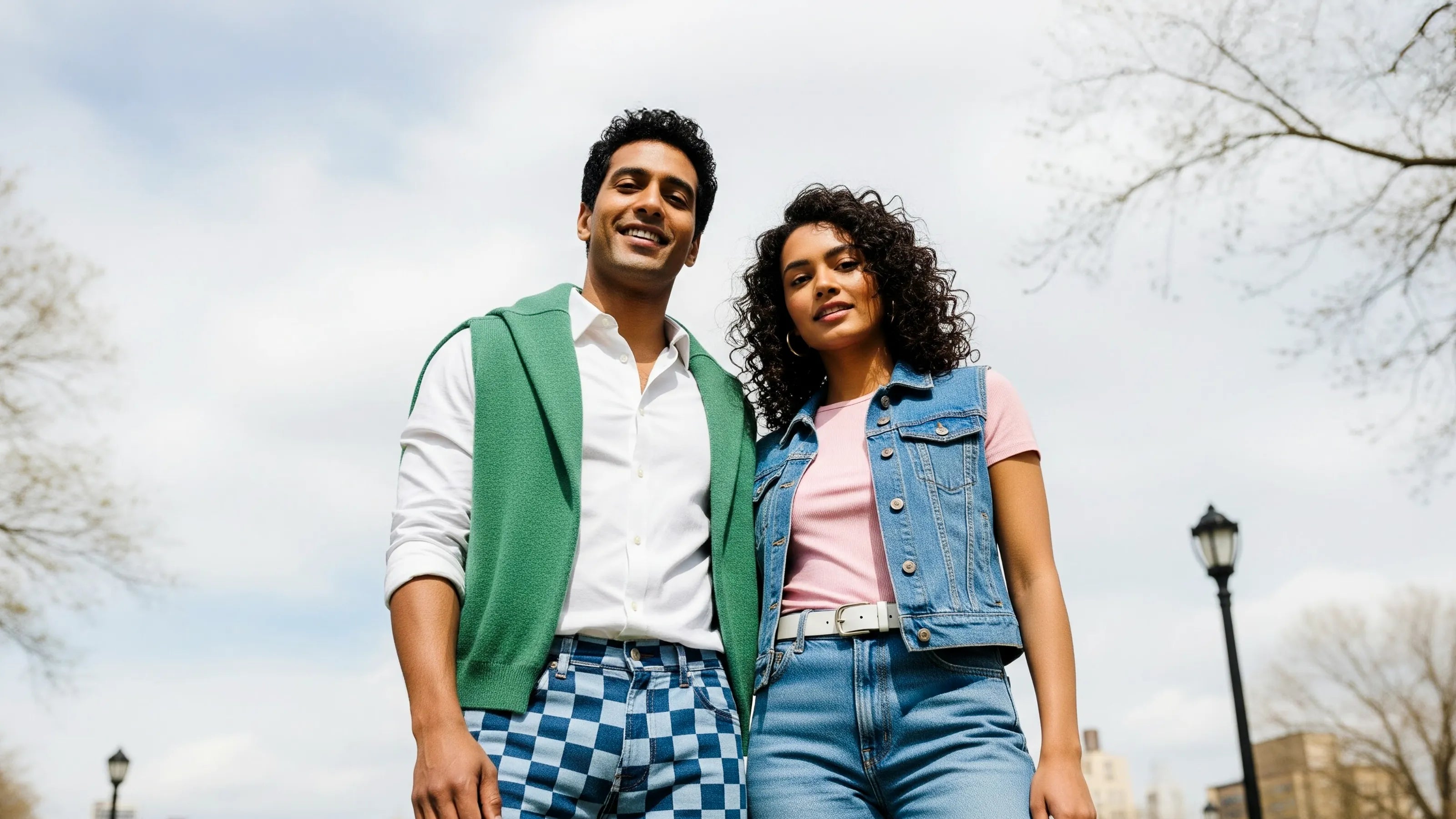 Two people standing outdoors with a clear sky and trees in the background