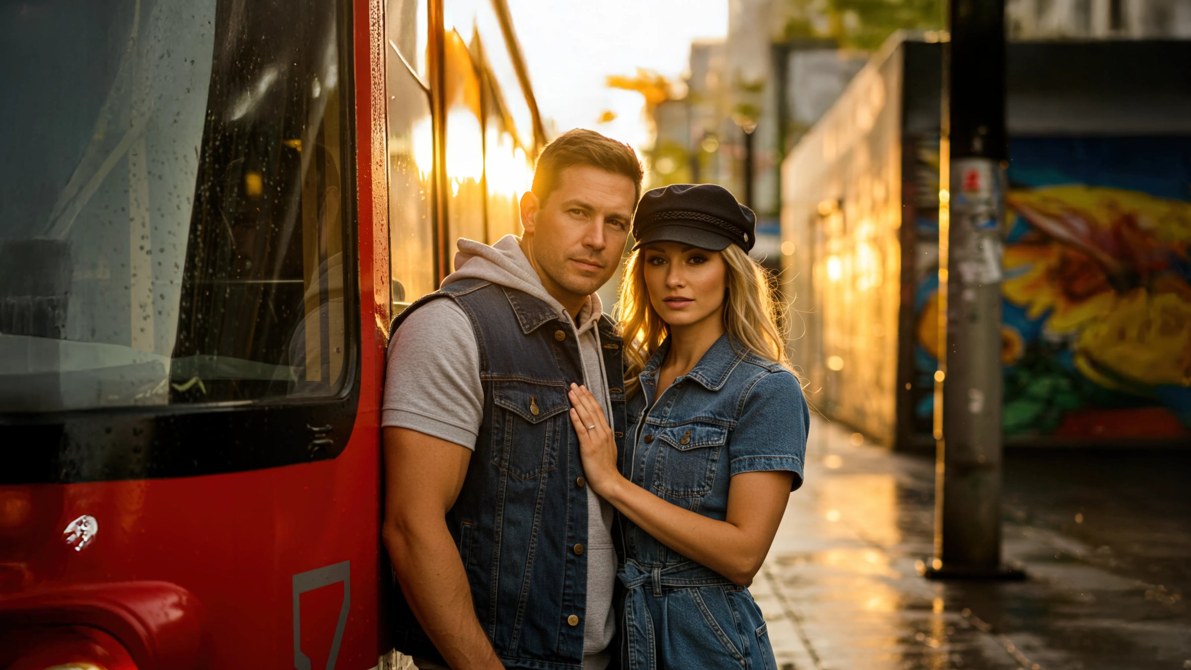 A young couple stands close together against the side of a bright red streetcar or bus, framed by the warm glow of a setting sun.

The man, with short brown hair, wears a light gray hoodie under a sleeveless denim vest. He looks confidently into the camera. Beside him, the woman—blonde, wearing a short-sleeved denim jumpsuit and a black baker-boy cap—rests her hand, ring visible on her finger, gently on his chest.

Behind them, the wet pavement and a colorful graffiti mural down a narrow alley catch the gol