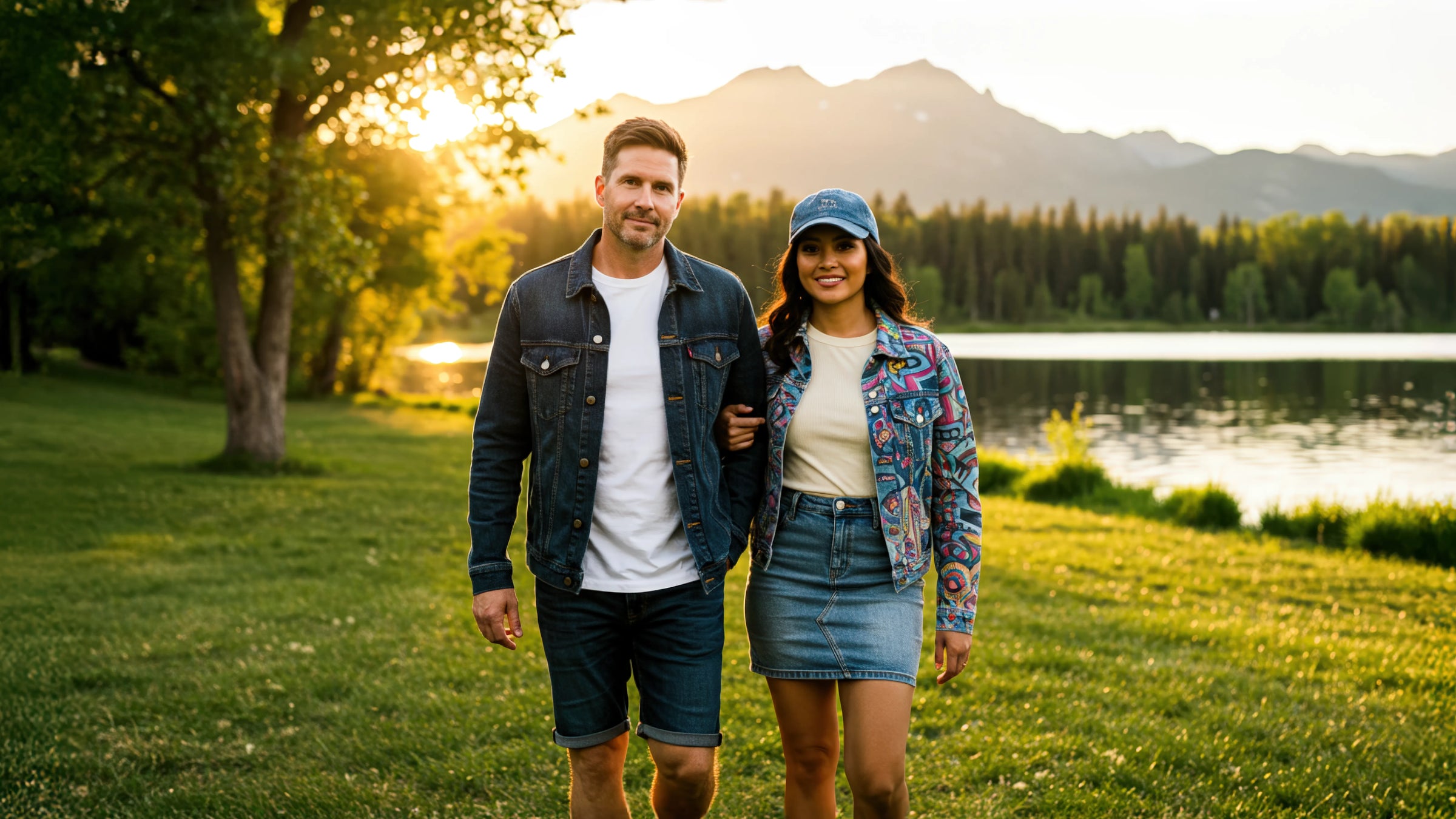 This image shows a couple standing together in a beautiful outdoor setting during golden hour. The man on the left is wearing a dark denim jacket over a white t-shirt and dark shorts. The woman on the right is wearing a vibrant, colorfully patterned denim jacket with psychedelic-style designs in blues, pinks, and other bright colors, paired with a light-colored top, denim skirt, and a blue baseball cap. They're standing arm-in-arm on a grassy area with a serene lake visible in the background, surrounded by 