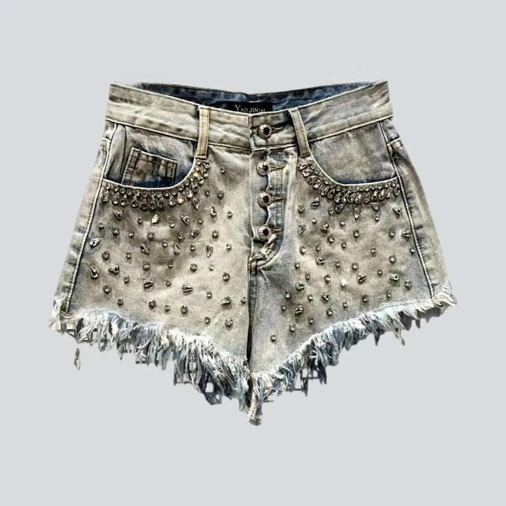 Diamond rhinestone distressed denim shorts | Jeans4you.shop
