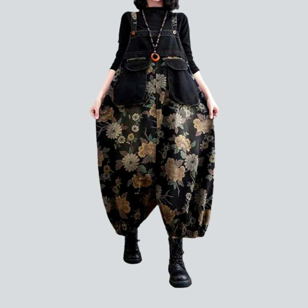 Flower print black denim jumpsuit | Jeans4you.shop