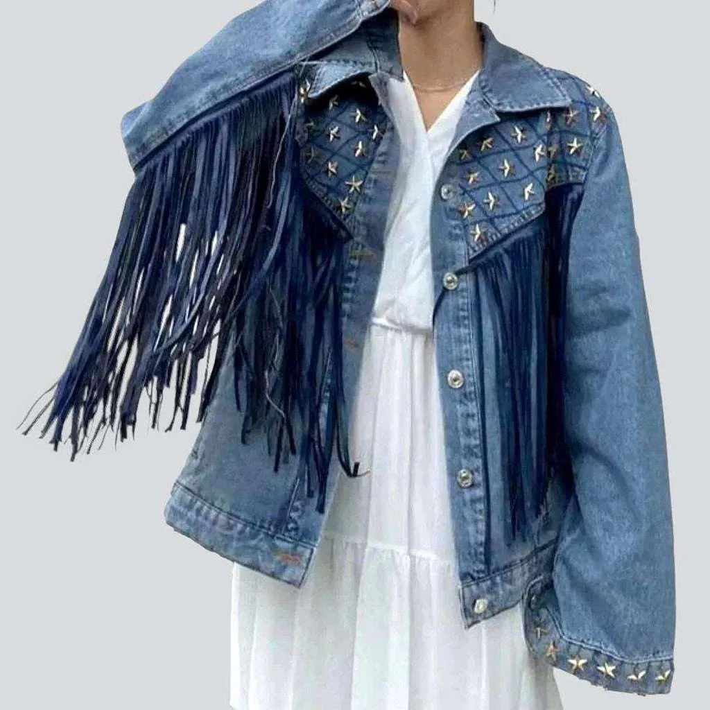 Fringe embellished color denim jacket | Jeans4you.shop
