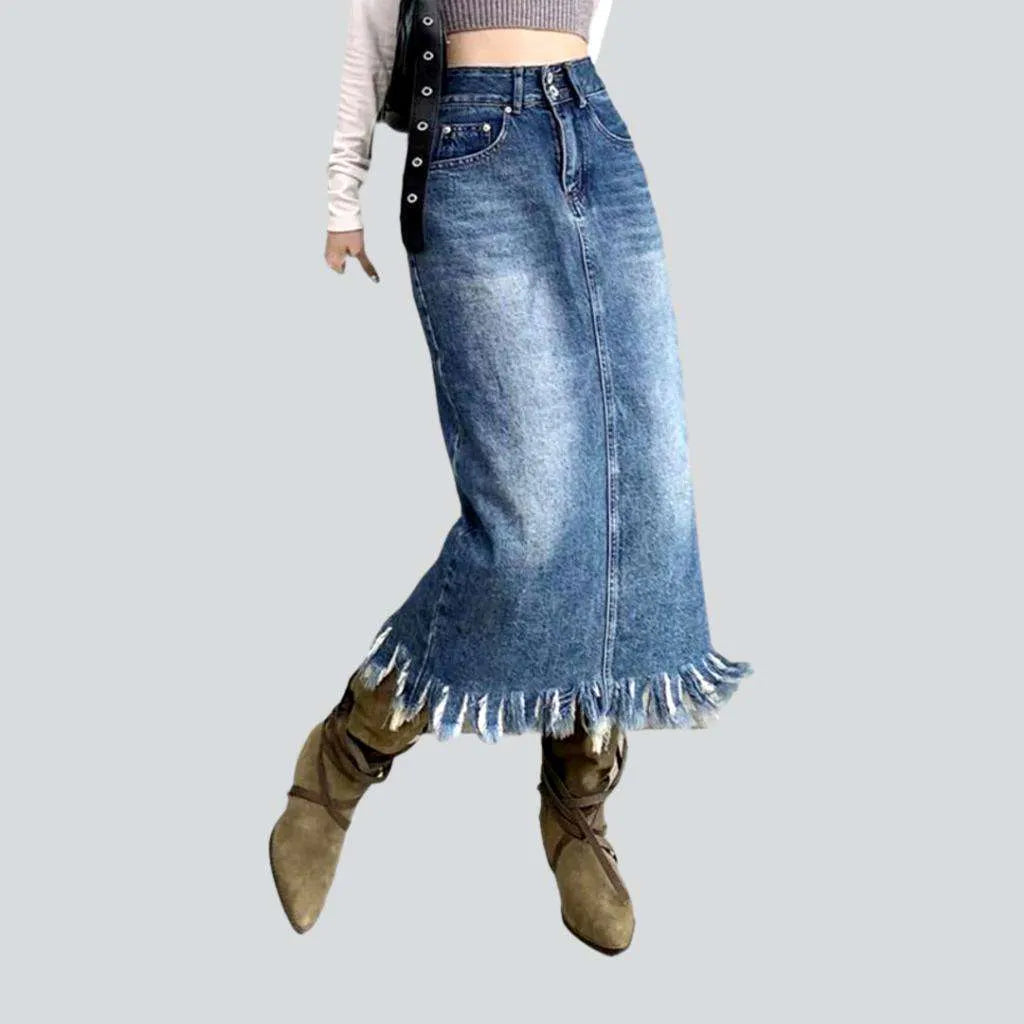 Fringe hem long denim skirt | Jeans4you.shop