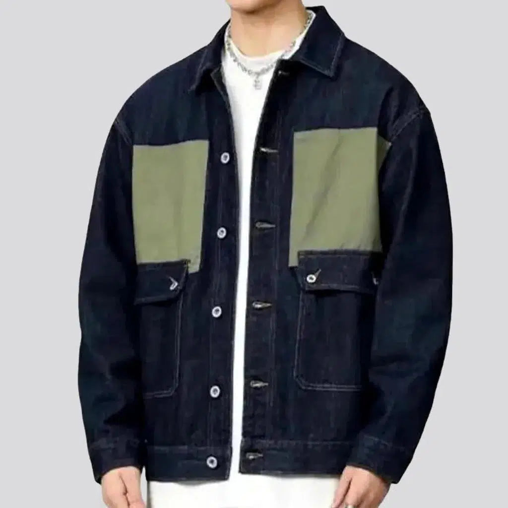 Khaki-patches two-tone denim jacket
 for men | Jeans4you.shop