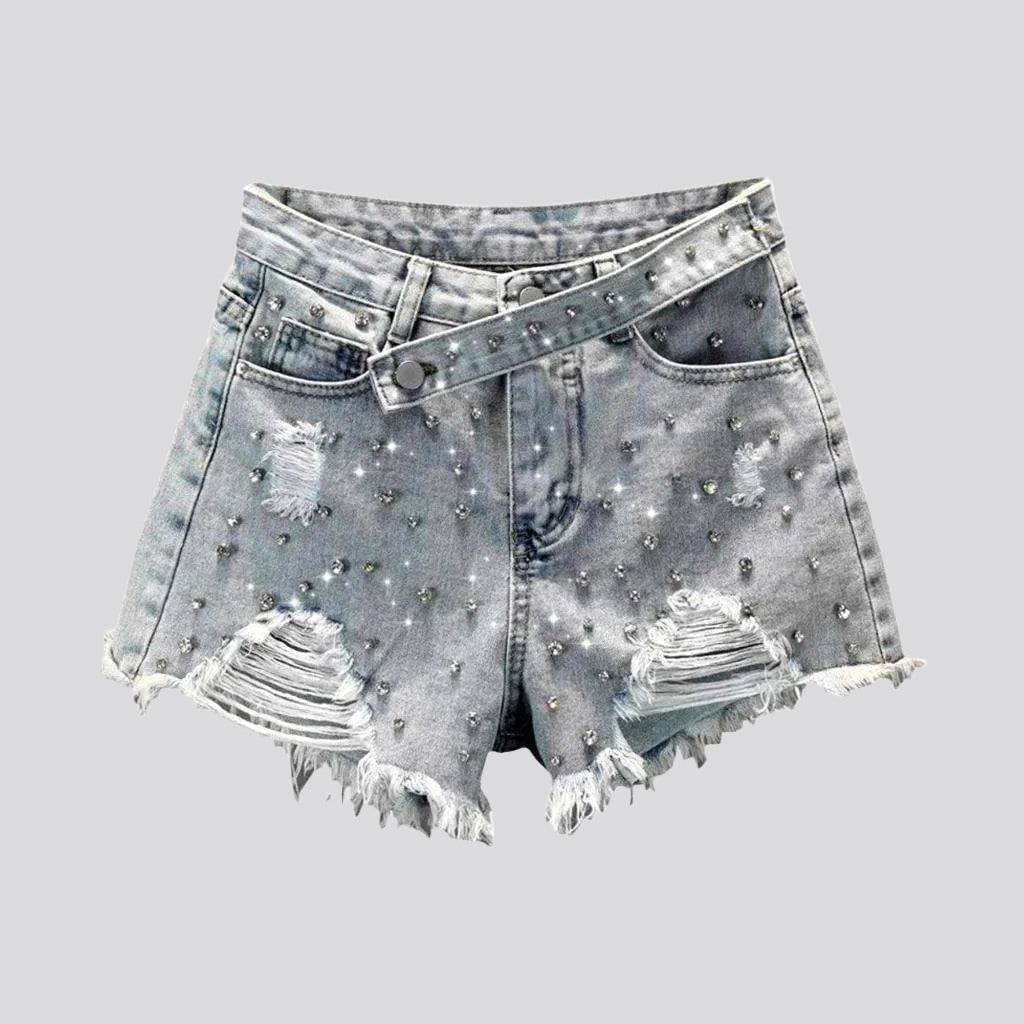 Light blue rhinestone denim shorts | Jeans4you.shop