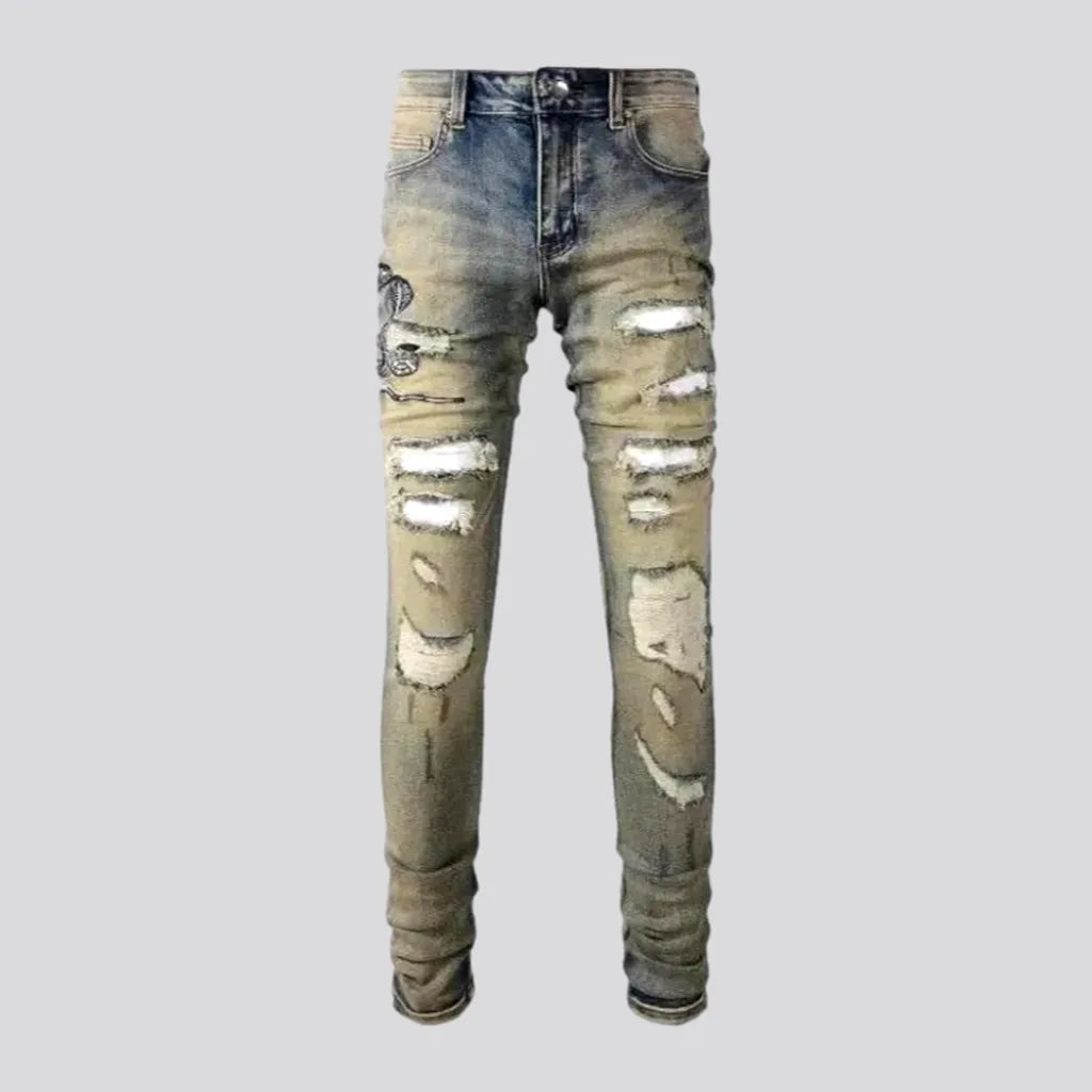 Mid-waist cobra-embroidery jeans | Jeans4you.shop