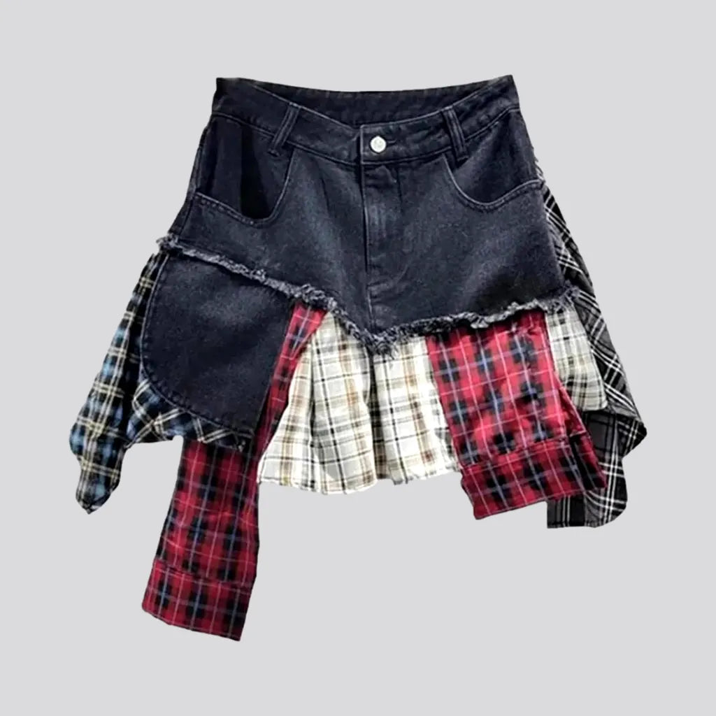 Mid-waist mixed-fabrics jean skort | Jeans4you.shop