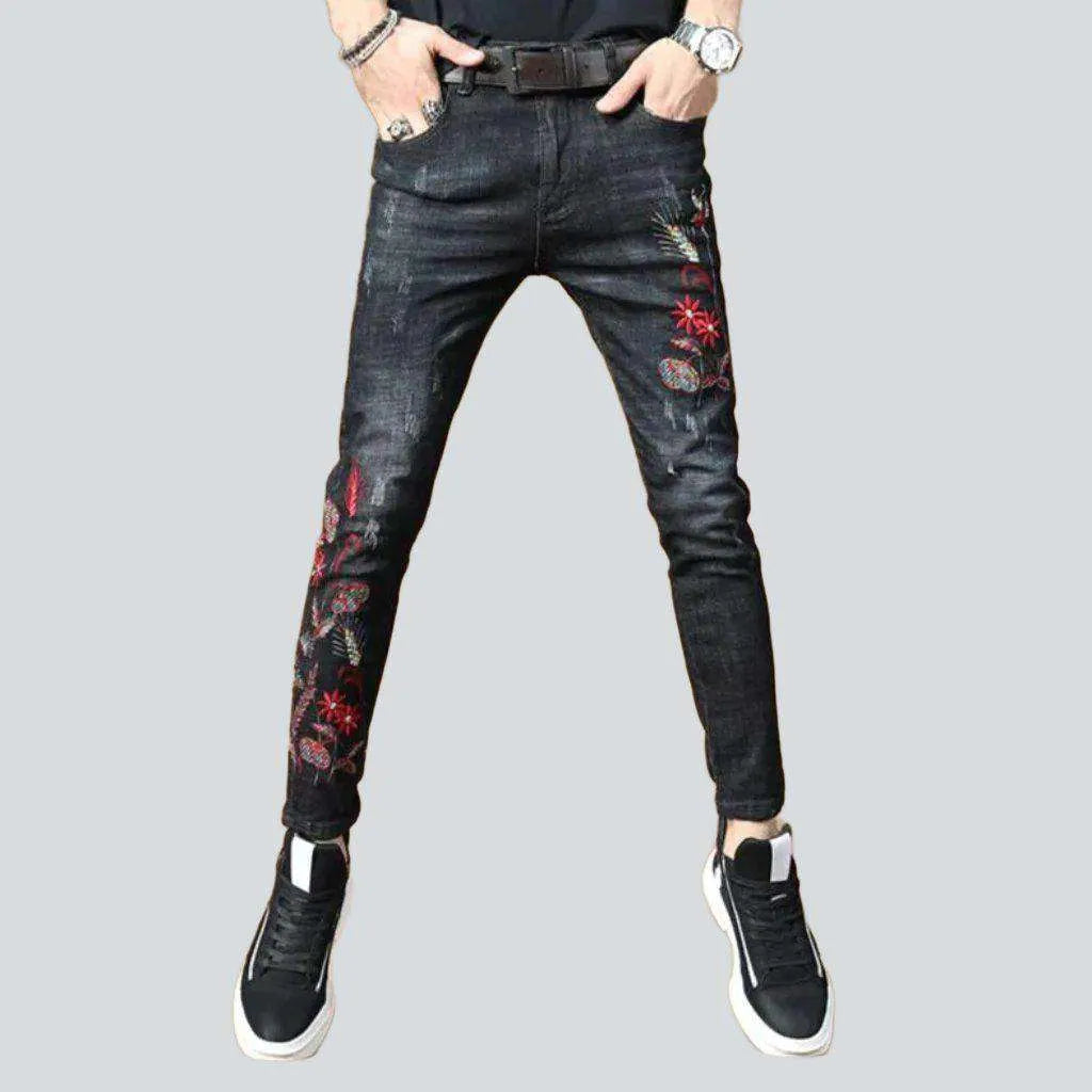 Red embroidery skinny men's jeans | Jeans4you.shop