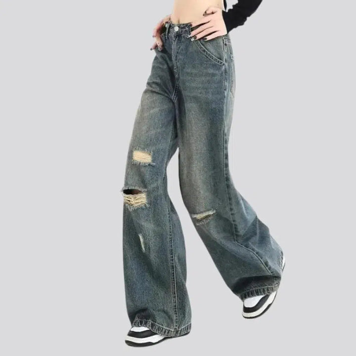 distressed, wide-leg, sanded, floor-length, high-waist, zipper-button, diagonal-pockets, women's jeans | Jeans4you.shop