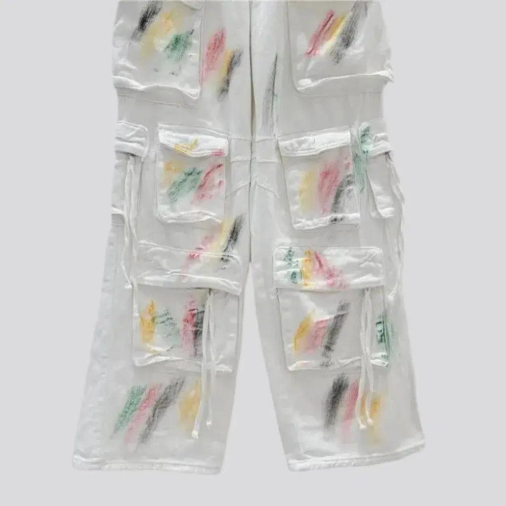 baggy, painted, white, high-waist, zipper-button, multi-pockets, women's jeans | Jeans4you.shop