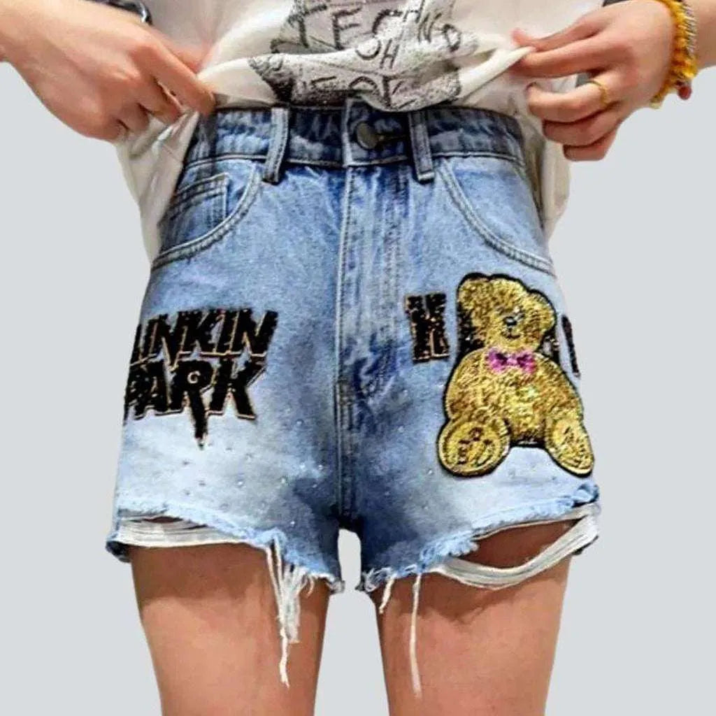 Teddy bear embroidery denim shorts | Jeans4you.shop