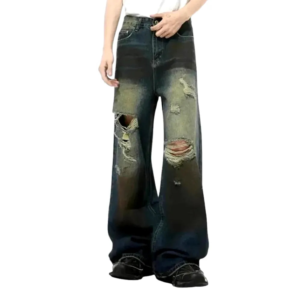 Baggy Fashion Distressed Gradient Jeans for Men - Dark Blue