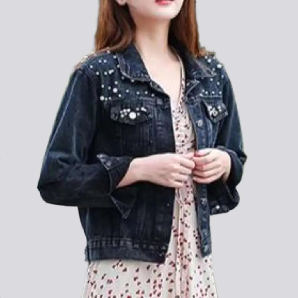 Embellished shoulders women's denim jacket