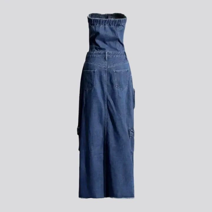 Cargo pockets boho maxi denim dress