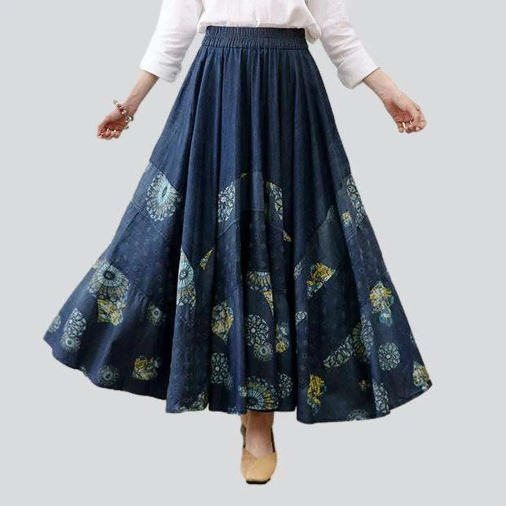 Flare embroidered long denim skirt