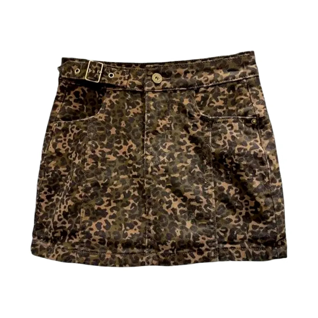 Stylish Mid-rise Leopard Denim Skort - Brown