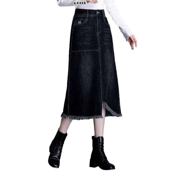 Asymmetric hem dark denim skirt