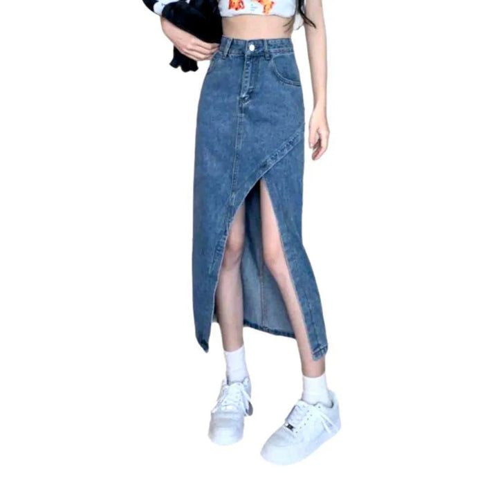 Asymmetric wide slit denim skirt