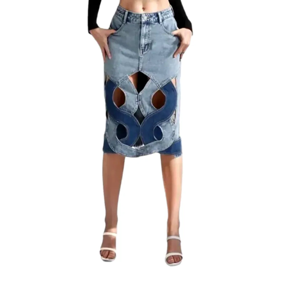 Hollow Out High-waist Jean Skirt - Light Blue