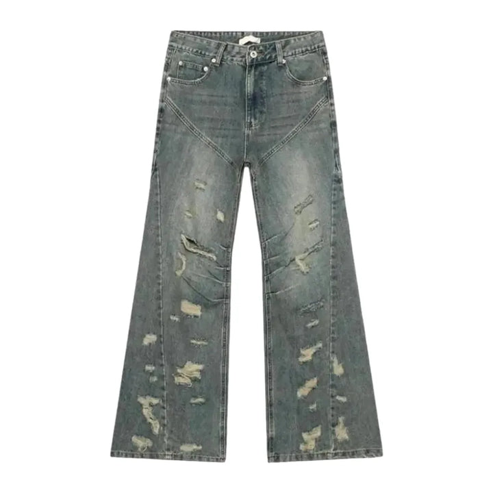 Boho Grunge Distressed Mid Rise Men's Jeans - Blue