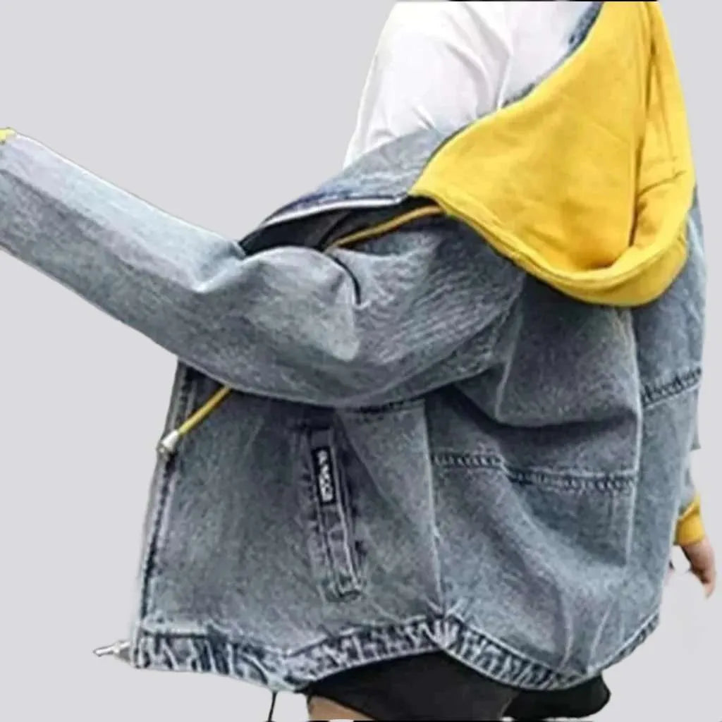 Yellow hoody embroidered denim jacket