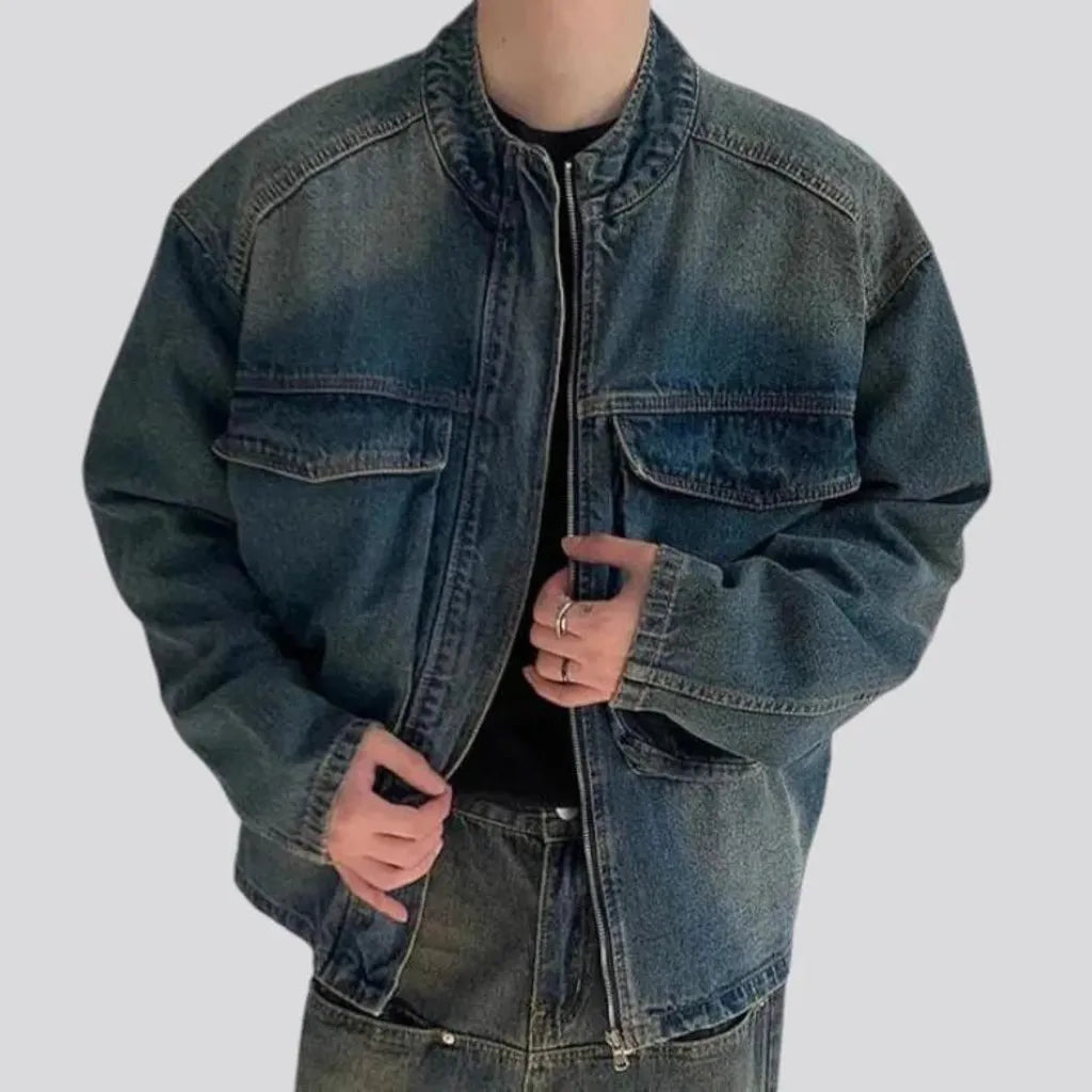 Medium wash grunge street men's denim jacket