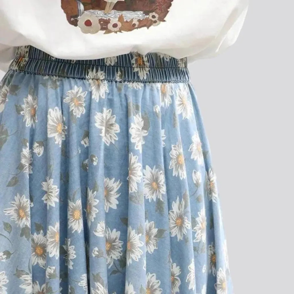 Painted flower-print jeans skirt