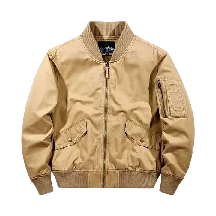 Medium Length Rubber Hem Men's Jean Bomber Jacket - Sand