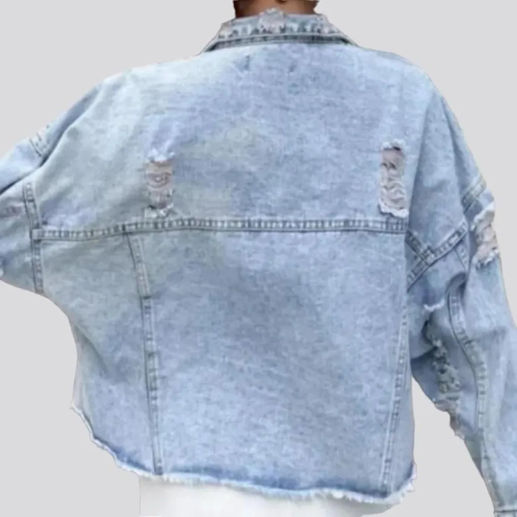 Ribbon-embellished jean jacket
 for women