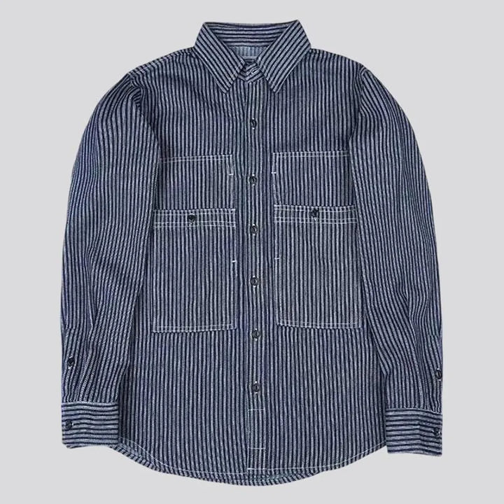 Medium stripes casual worker men's denim shirt