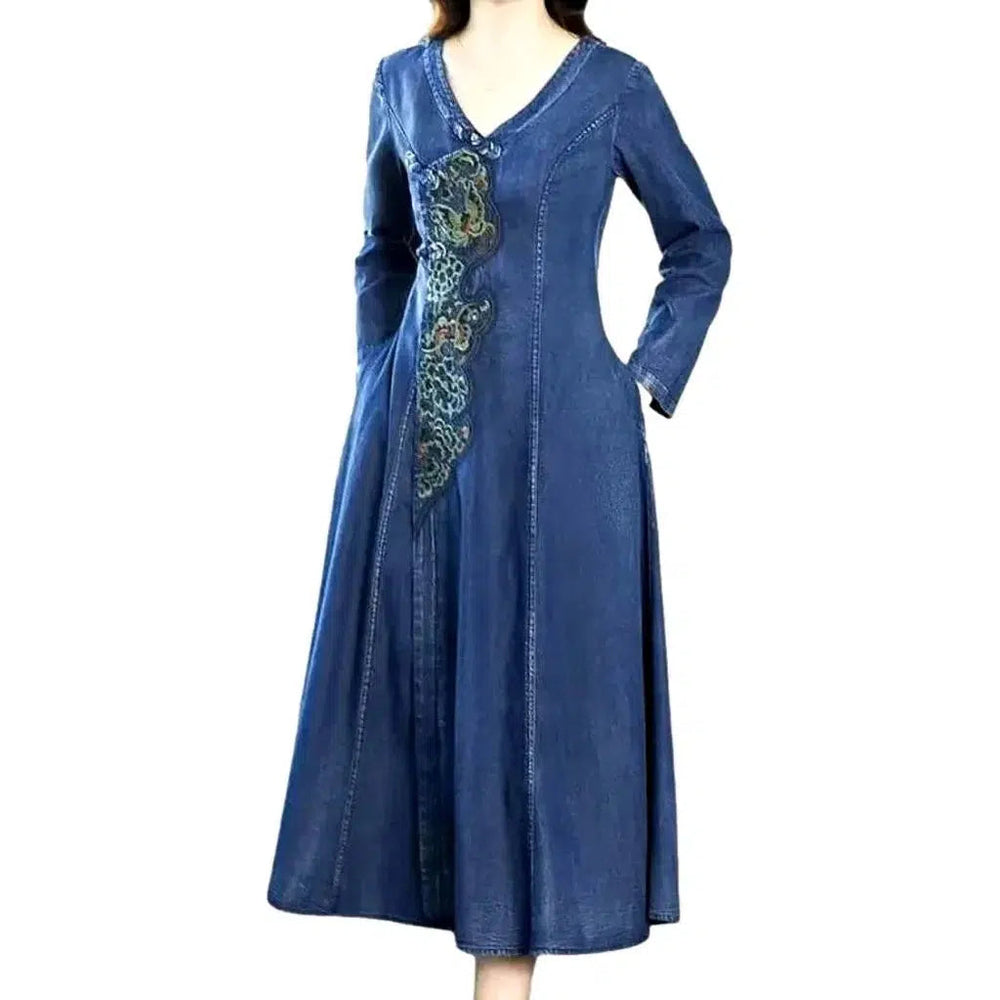 Boho Long Embroidered Denim Dress - Blue