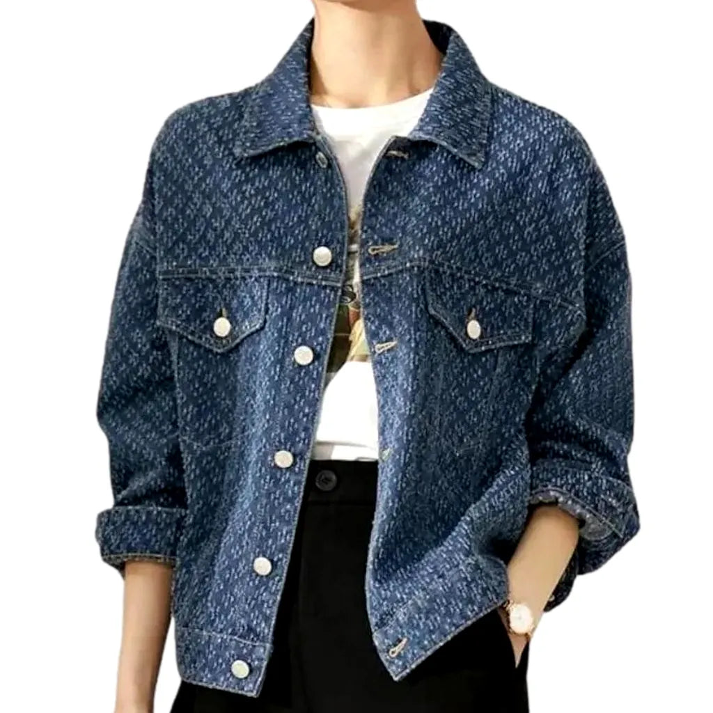 Boho medium-wash denim jacket for women