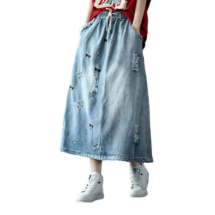 Butterfly embroidery long jeans skirt