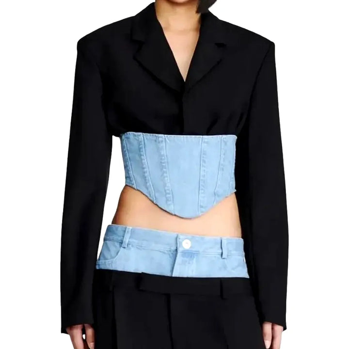 Light Pattern Denim Corset Women's Jeans Blazer - Black