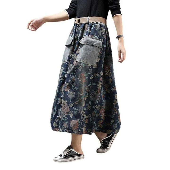 Cargo jeans skirt with flowers