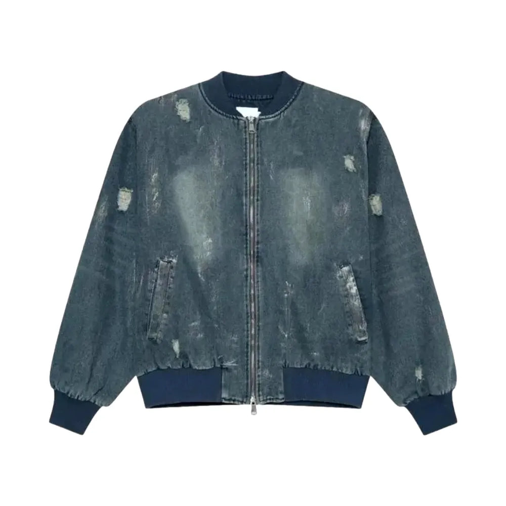 Vintage Washed Look Men's Jeans Bomber Jacket - Blue