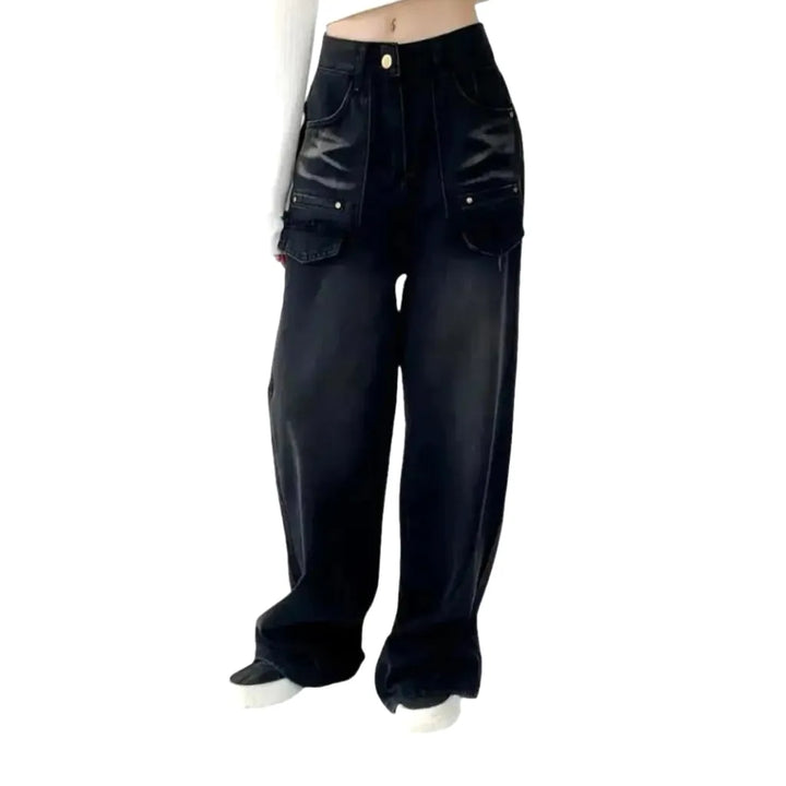 Washed Out Cargo Pocket Jeans for Ladies - Black