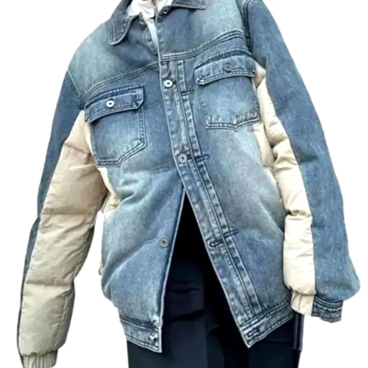 Fashionable Oversized Denim Puffer Jacket for Men - Light Blue